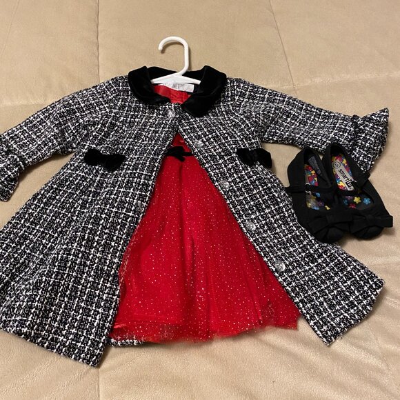 Nannette 2pc. Baby Girl Black & White Coat / Red Dress & Black Shoes - Picture 12 of 15